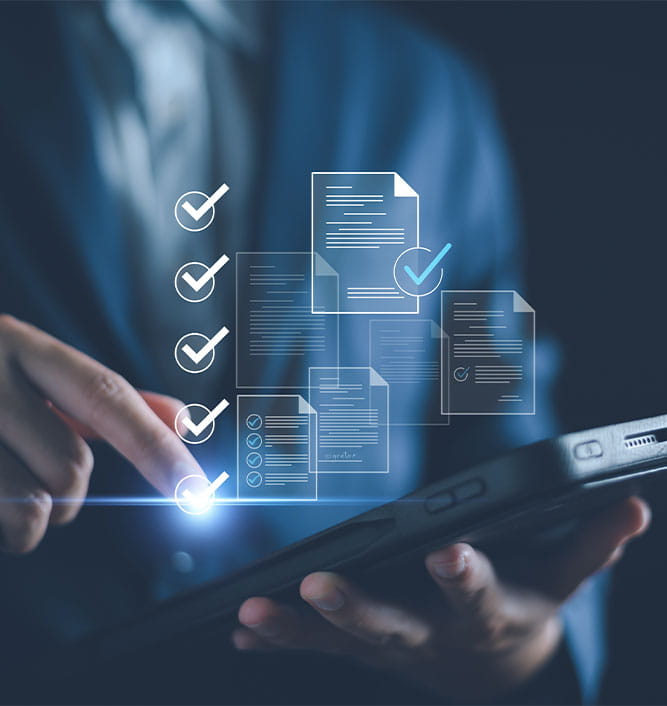 A professional selects digital documents on a tablet, with checkmarks indicating approval and organization in the background.