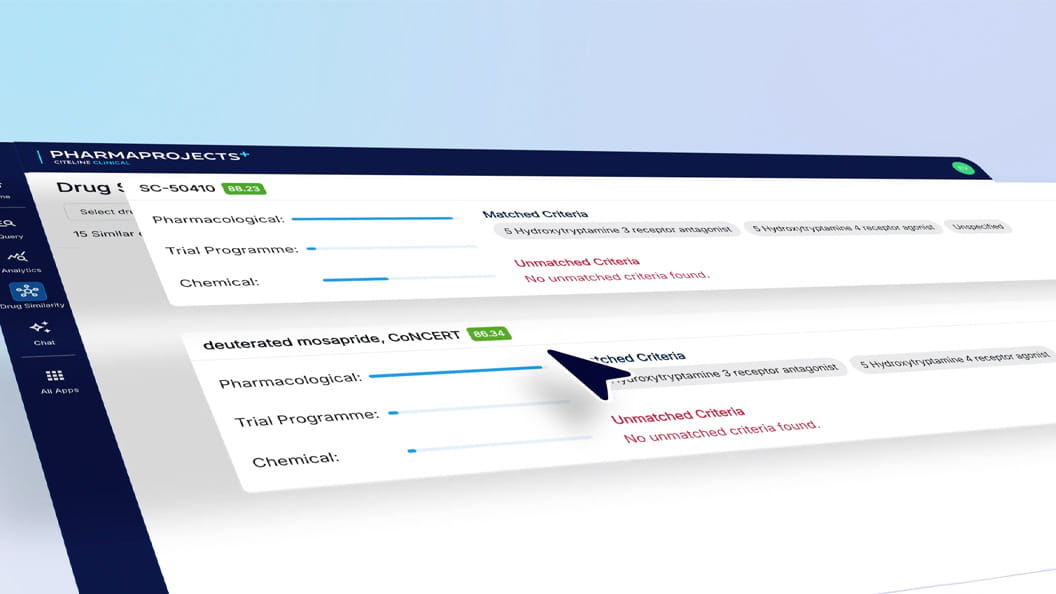 Pharmaprojects dashboard featuring the Drug Similarity tool. Click to watch.
