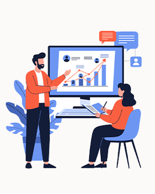 A team working in front of a computer filled with graphs and metrics.