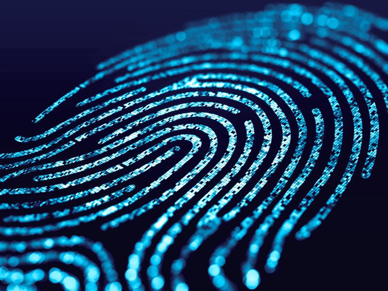 A digital fingerprint on a blue background.