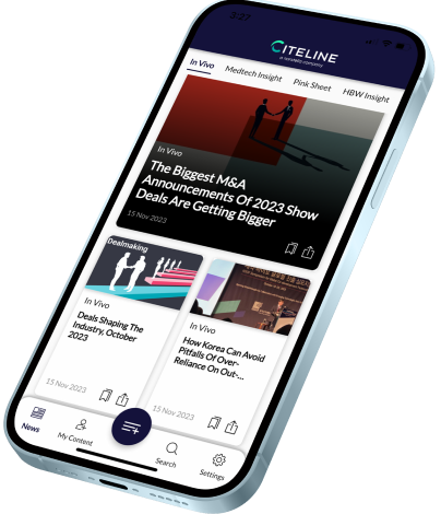 Mobile device with a preview of the upcoming Citeline News and Insights App.