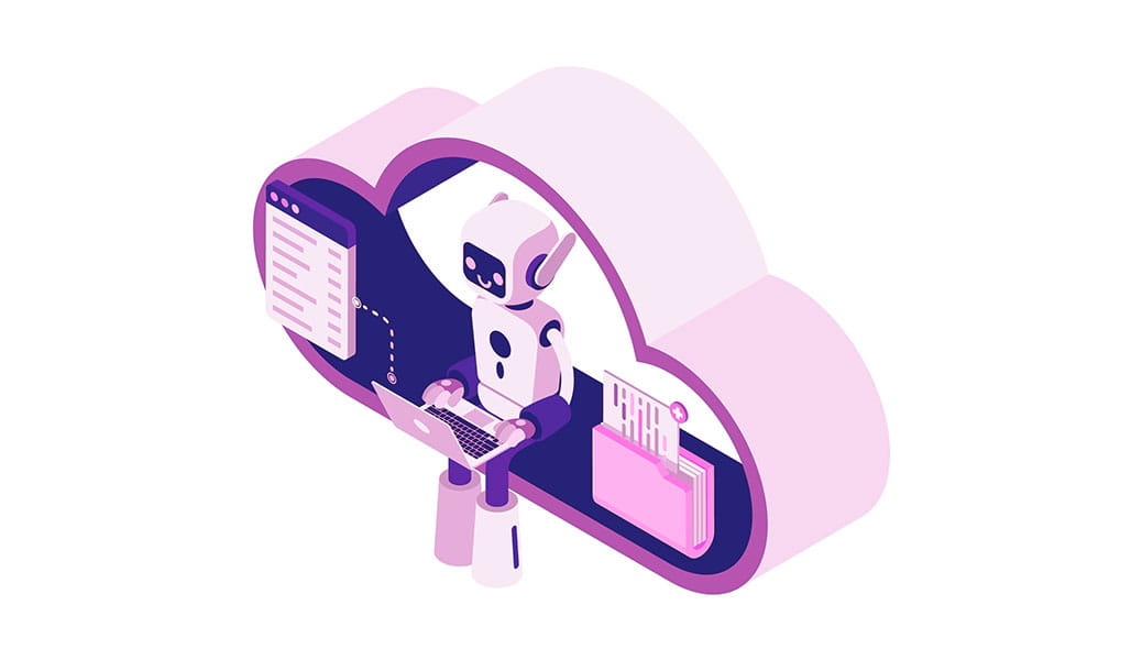 A friendly robot works on a laptop within a stylized pink cloud, surrounded by documents and data streams.