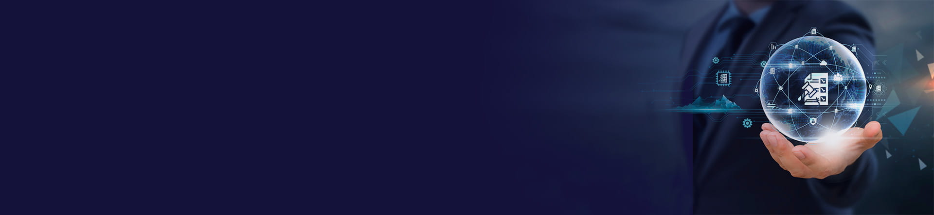 A businessman holds a glowing, digital globe with document and gavel icon, symbolizing global regulatotions.