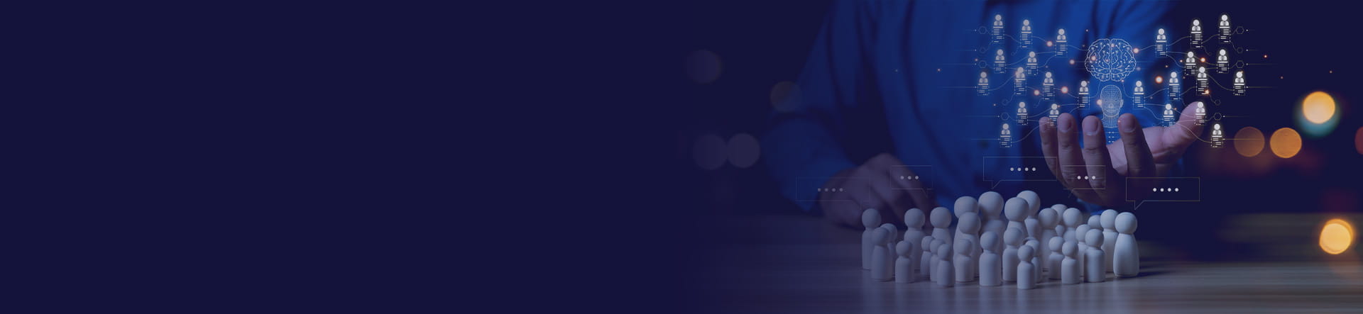 A hand extends over a group of small figures, with digital graphics of interconnected nodes and a brain symbolizing AI.