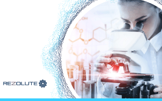 Person looking into a microscope and the Rezolute company logo visible.