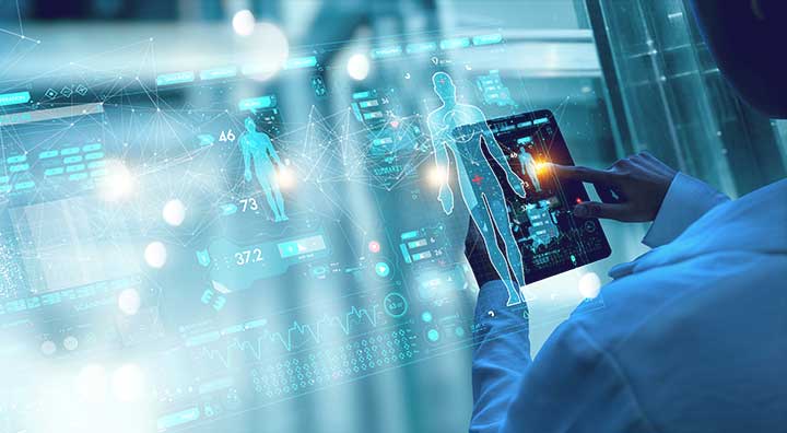 Medicine doctor working digital tablet for medical record of patient on interface.