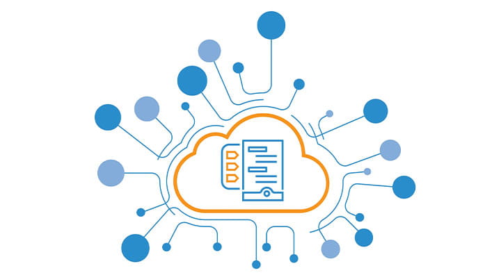 Cloud storage icon with connected data nodes.