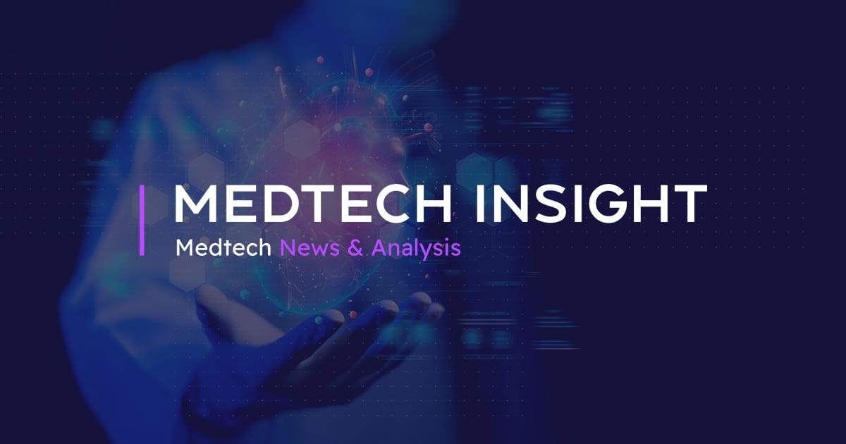 A person in a lab coat extends a hand, displaying a glowing digital model of a heart, with the Medtech Insight logo overlay.