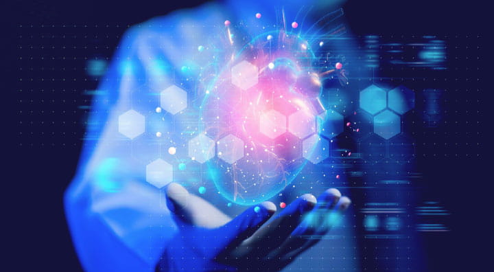 A glowing digital brain held in an outstretched hand.