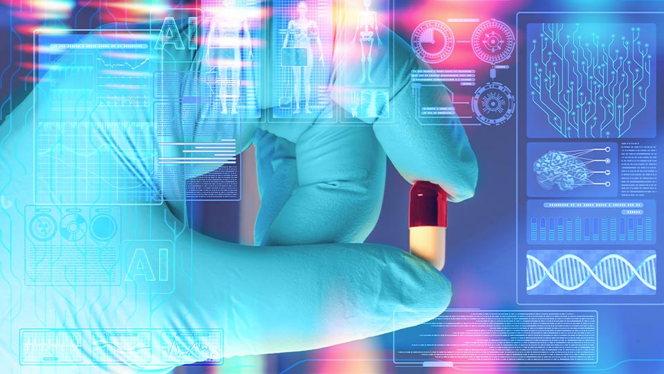 A gloved hand holds a small red and white pill against a high-tech blue background filled with digital interfaces, AI data visualizations, and a DNA helix.